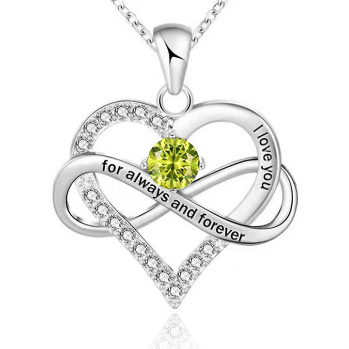 Infinity Intertwined Heart Engraved Birthstone Necklace, Eternal Love Heart Pendant Clavicle Chain with Birthstone