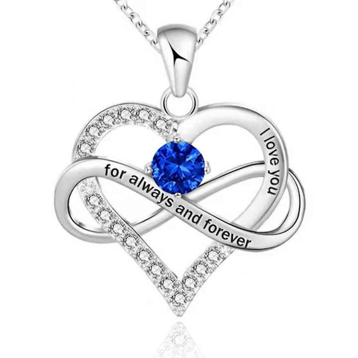 Infinity Intertwined Heart Engraved Birthstone Necklace, Eternal Love Heart Pendant Clavicle Chain with Birthstone