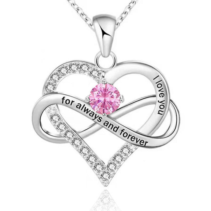 Infinity Intertwined Heart Engraved Birthstone Necklace, Eternal Love Heart Pendant Clavicle Chain with Birthstone