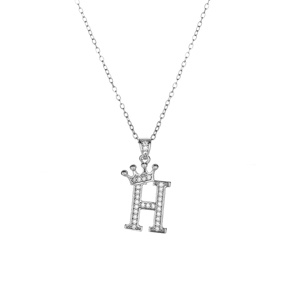 Crown Paved Diamond Initial Letter Necklace, 14K Gold Plated Personalized Dainty Chain, A-Z Available