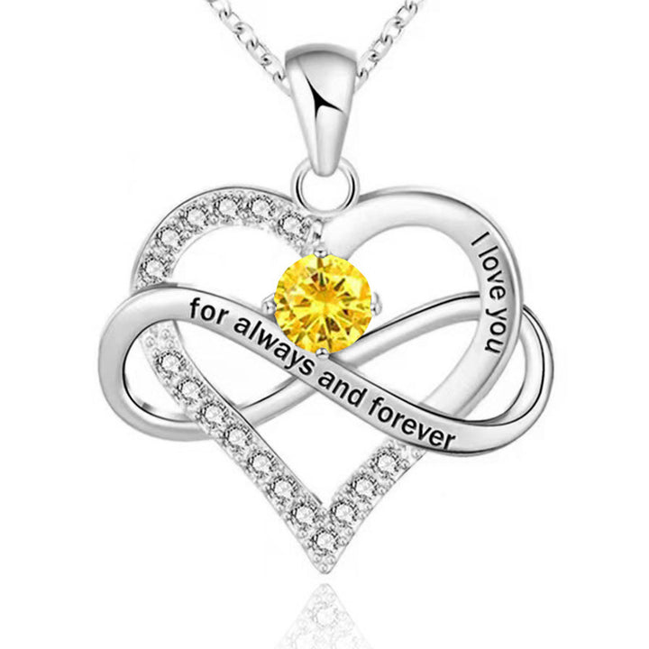 Infinity Intertwined Heart Engraved Birthstone Necklace, Eternal Love Heart Pendant Clavicle Chain with Birthstone
