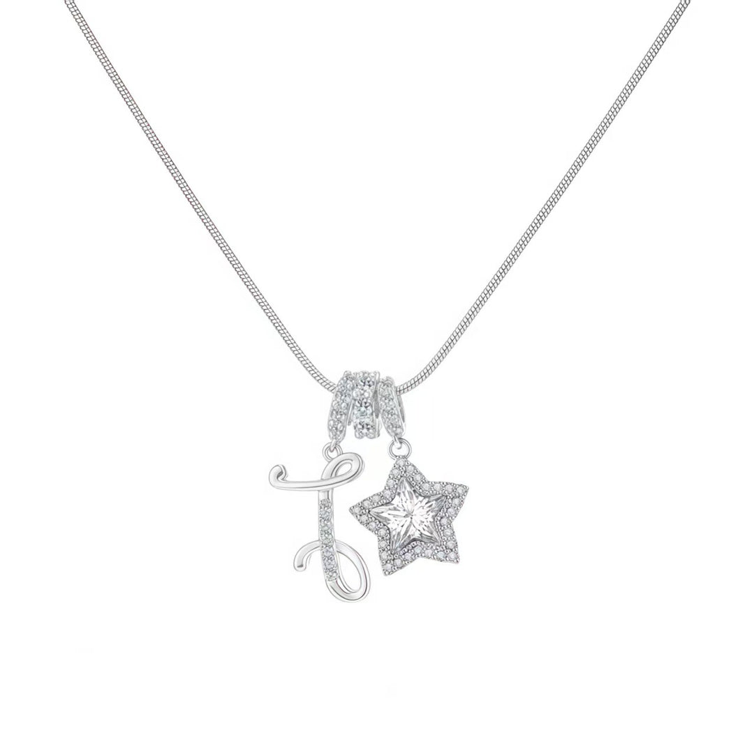 Script Initial Pave Star Dual Charm Snake Chain Necklace, Gold & Silver Custom Letter Choker