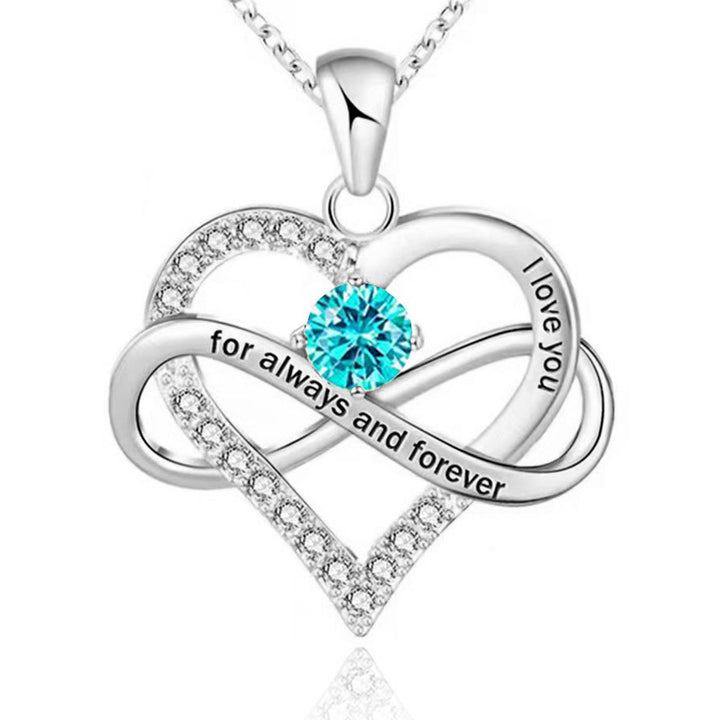 Infinity Intertwined Heart Engraved Birthstone Necklace, Eternal Love Heart Pendant Clavicle Chain with Birthstone