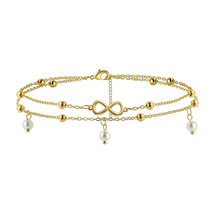 3 Styles Double Layer Ankle Bracelet Set, Gold & Silver Heart Pearl Infinity Beach Vacation Anklets