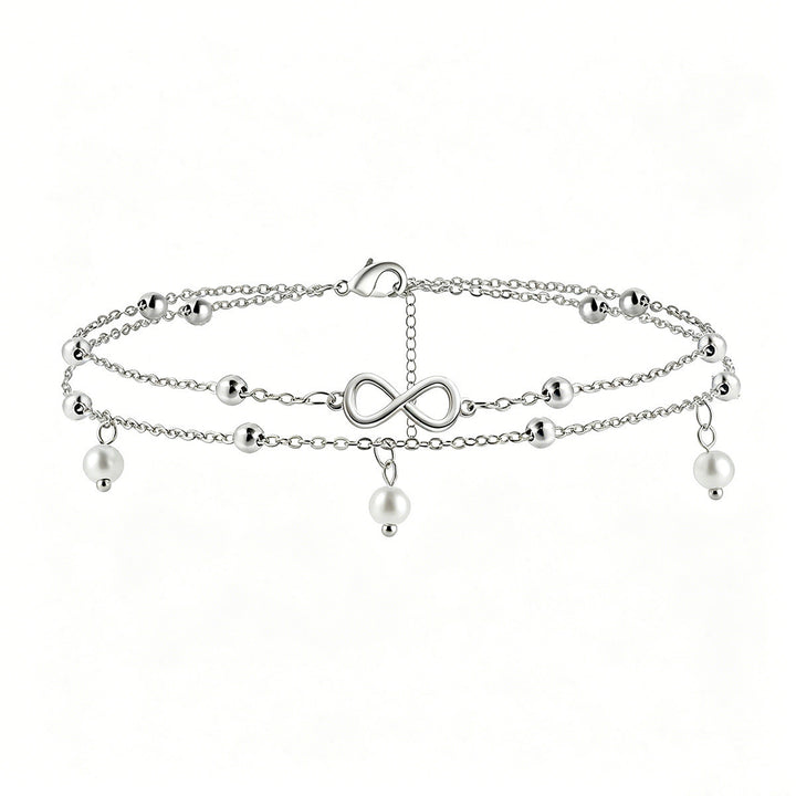 3 Styles Double Layer Ankle Bracelet Set, Gold & Silver Heart Pearl Infinity Beach Vacation Anklets