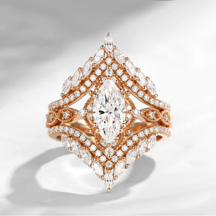 Marquise‑Cut V‑Shape 3‑Piece Stackable Ring Set, Three‑Tone Options