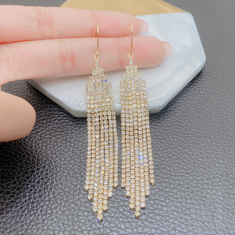 Tiered Paved Diamond Long Tassel Earrings, Silicone Clip-On & Hook Versions Gold Silver Sparkling Banquet Dangle Jewelry