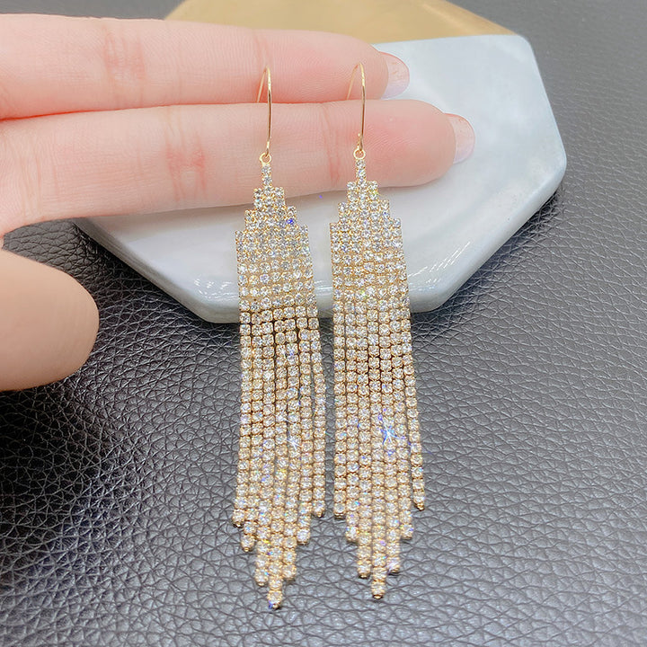 Tiered Paved Diamond Long Tassel Earrings, Silicone Clip-On & Hook Versions Gold Silver Sparkling Banquet Dangle Jewelry