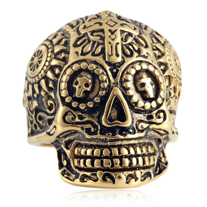 Vintage Carved Sugar Skull Cross Wide Ring, S925 Silver Antiqued Dark Alternative Band For Men