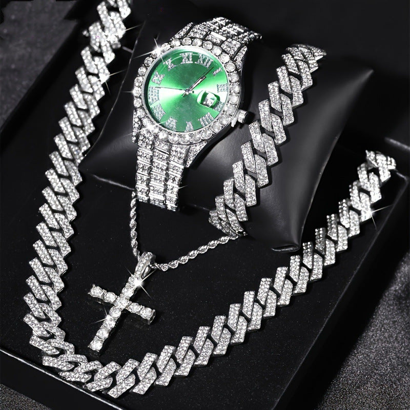 Men's Iced Out Jewelry 4-Piece Set, Hip Hop Diamond Watch with Calendar + Cuban Bracelet + Cross Pendant Necklace Gift Set