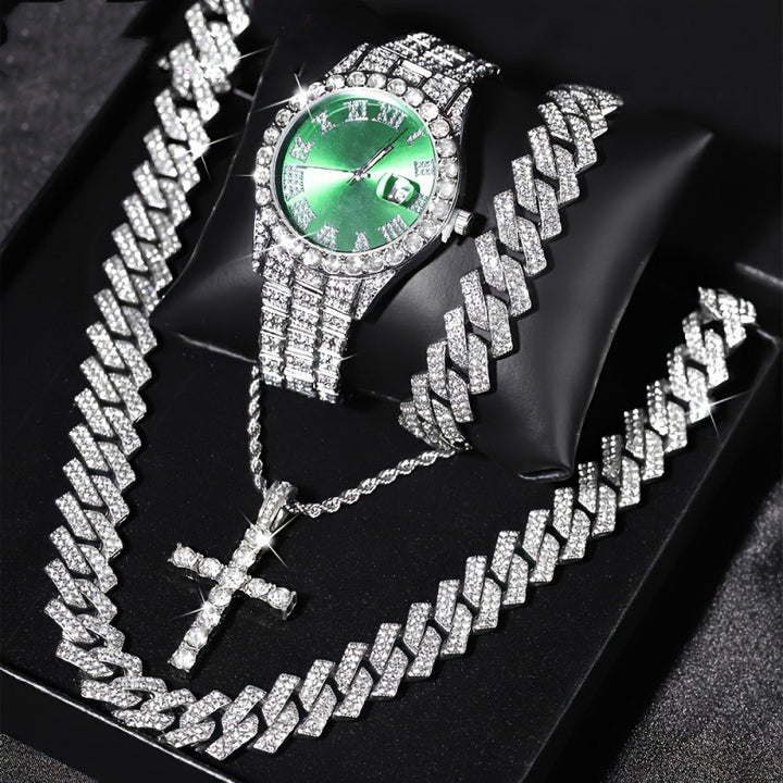 Men's Iced Out Jewelry 4-Piece Set, Hip Hop Diamond Watch with Calendar + Cuban Bracelet + Cross Pendant Necklace Gift Set