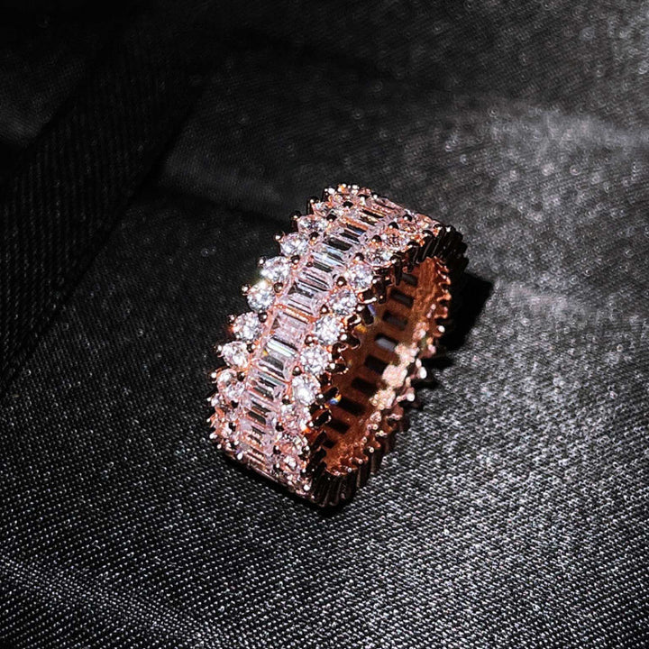 Baguette & Round Stone Full Paved Wide Band Ring, Hip Hop Iced Out Eternity Ring, 3 Colors Available