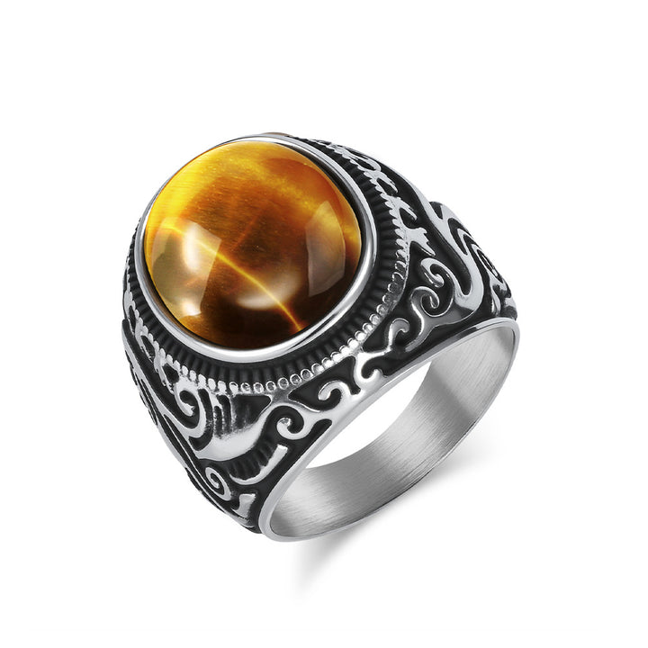 Vintage Scroll Pattern Oval Gemstone Signet Ring, S925 Silver Silver & Matte Black Two Tone Men Wide Band with Tiger Eye, Howlite, Crack Stone