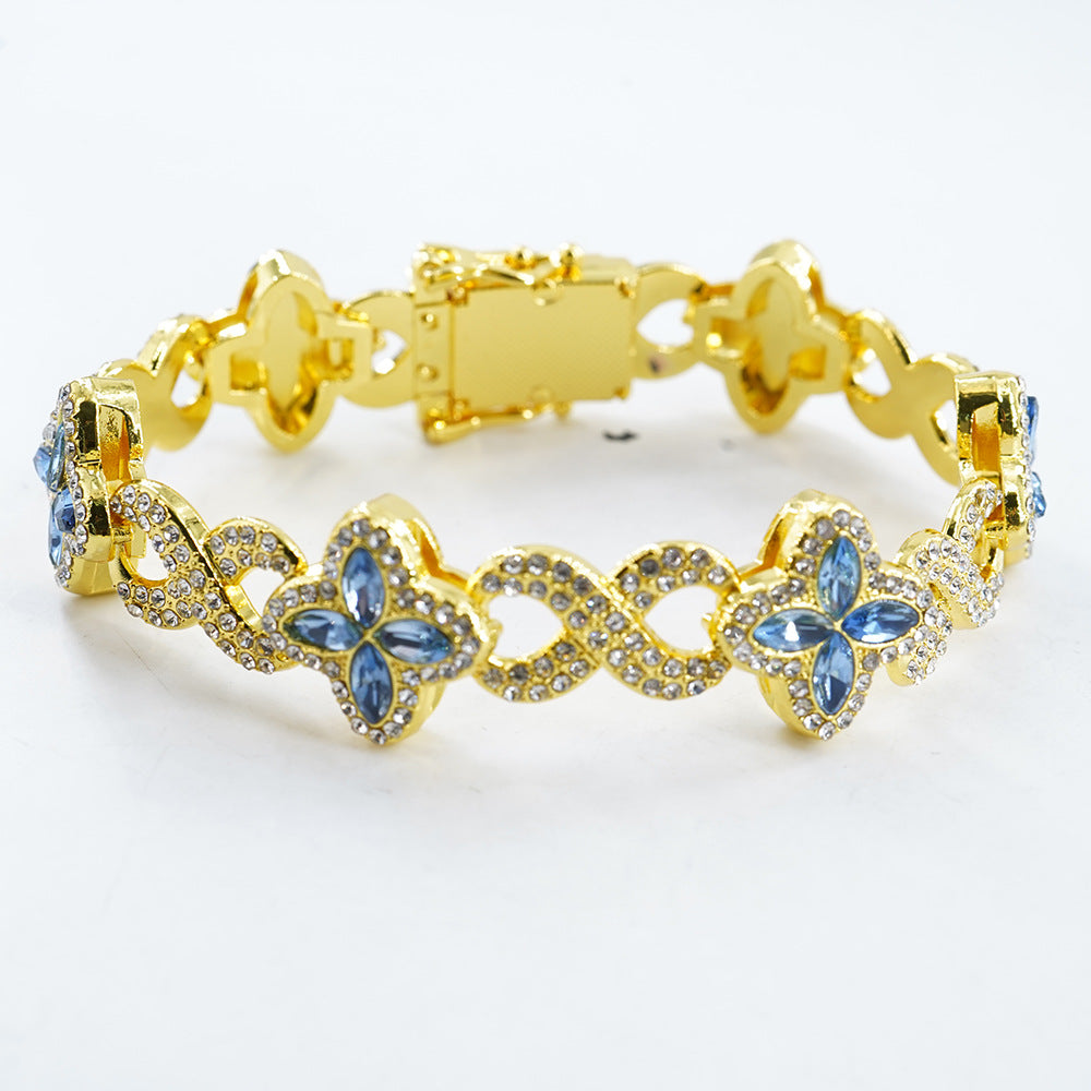 Infinity Knot Clover Clear Diamond Jewelry Set, Gold & Silver Tone Luxury Pave White Gemstone Bracelet & Necklace