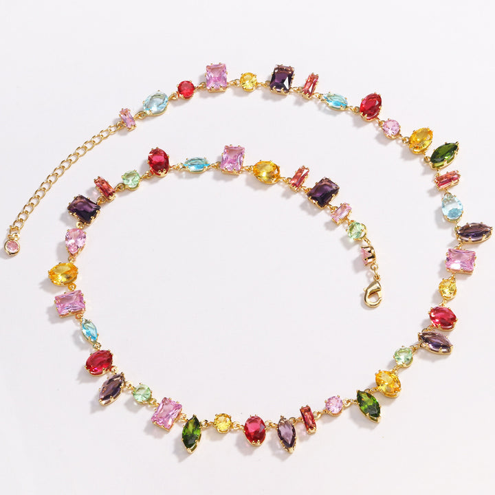 Multi-Shape Rainbow Diamond Prong Chain Jewelry, Gold &amp; Silver Rainbow Gem Bracelet &amp; Matching Choker Necklace Set