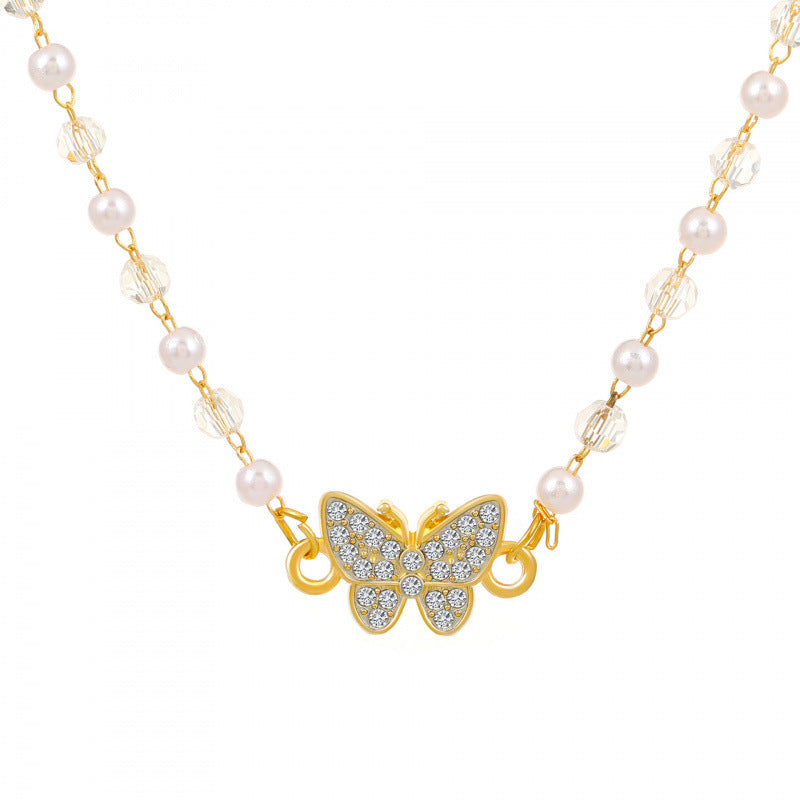 Diamond Encrusted Butterfly Pendant Necklace, Multi-Style Beaded Luxury Choker