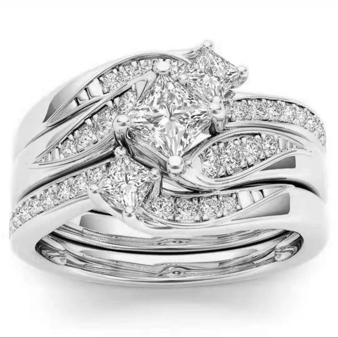 Multi‑Tone Princess‑Cut Stone Wave Stackable Ring Set