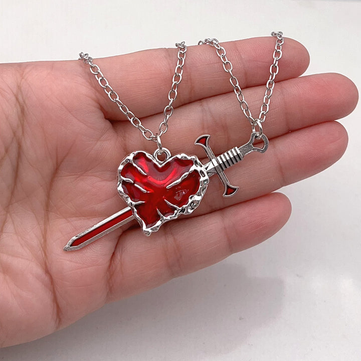 Broken Heart Sword Necklace, Dark Style Sword Through Heart Couple Pendant Set