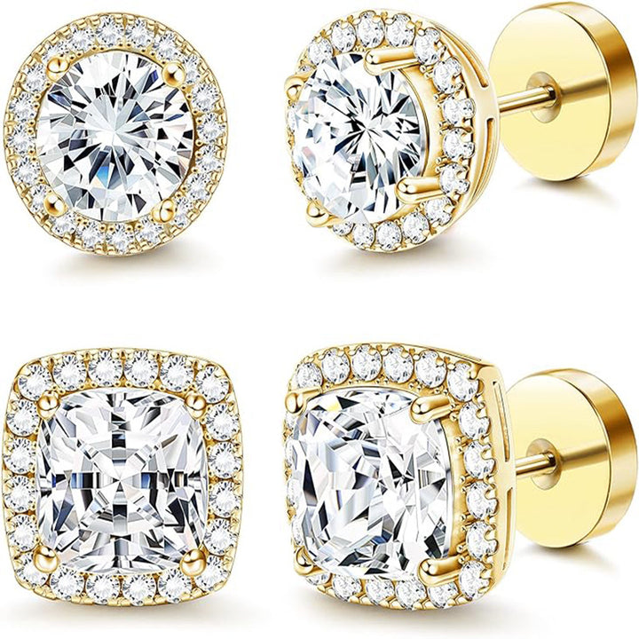 Round & Cushion Halo Diamond S925 Silver Stud Earrings, 4 Colors Dual Style Diamond Earrings