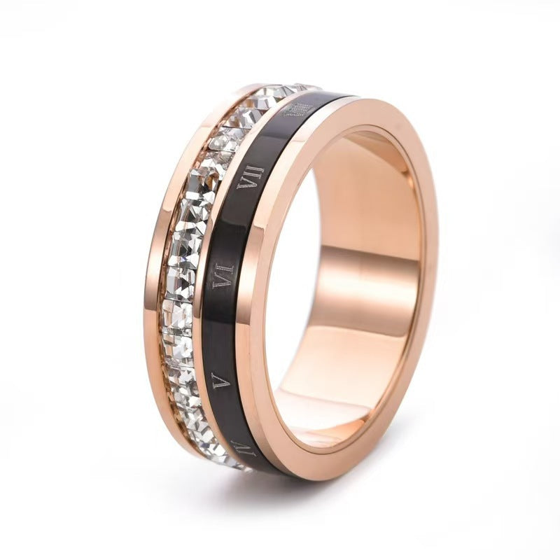 Rotatable Roman Numeral Diamond Inlaid Ring, 3-Color European Luxury Stress Relief Wide Couple Band