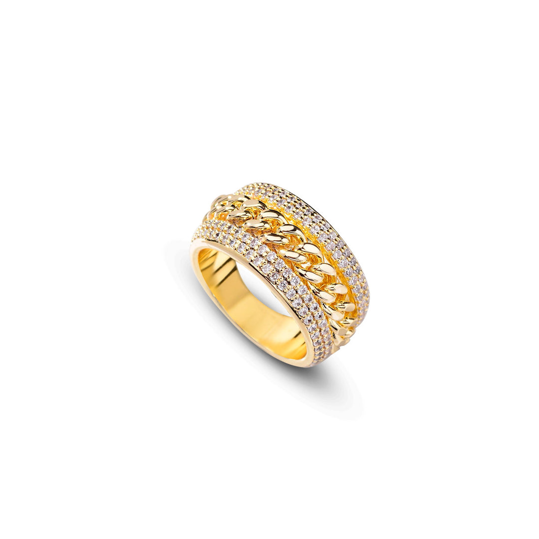 Curb Chain Center Pave Diamond Wide Band Ring, Gold & Silver And Rose Gold Tone Heavy Luxury Chain Crystal Ring