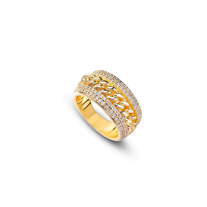 Curb Chain Center Pave Diamond Wide Band Ring, Gold & Silver And Rose Gold Tone Heavy Luxury Chain Crystal Ring