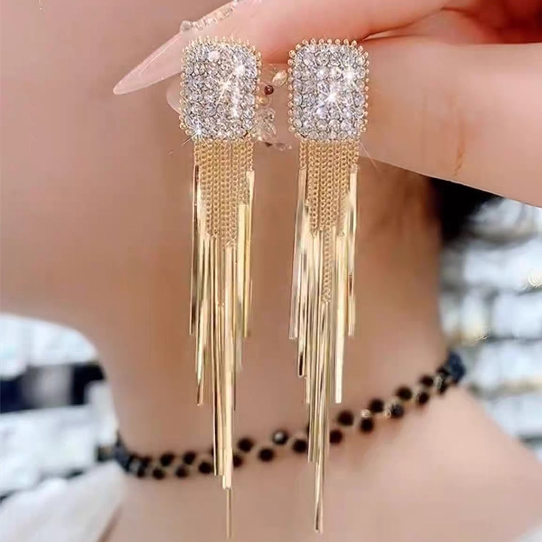 Square Pavé Long Tassel Drop Earrings