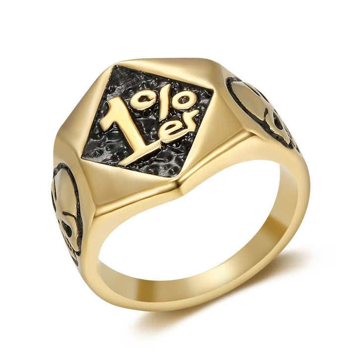1%er Skull Vintage Biker Signet Ring, S925 Silver 14K Gold Plated Two-Tone Tough Men Wide Band
