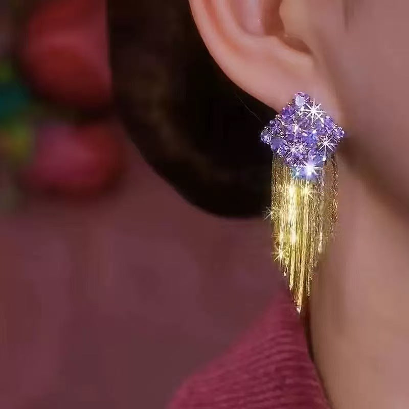 S925 Silver Multi-color Cluster Diamond Tassel Long Drop Earrings, Luxurious Slimming Earrings for Banquet
