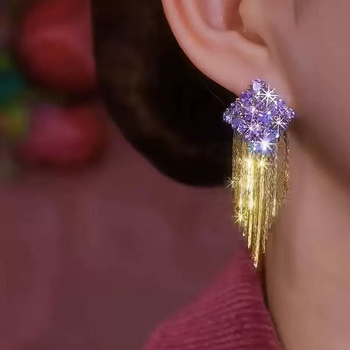 S925 Silver Multi-color Cluster Diamond Tassel Long Drop Earrings, Luxurious Slimming Earrings for Banquet
