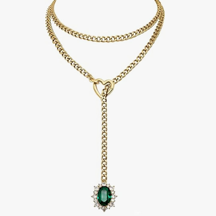 Double Layer Heart Clasp Colored Gem Y-Necklace