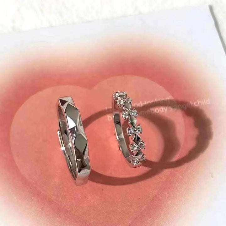 Faceted Surface Diamond‑Inlaid Couple Rings, Adjustable Open Band