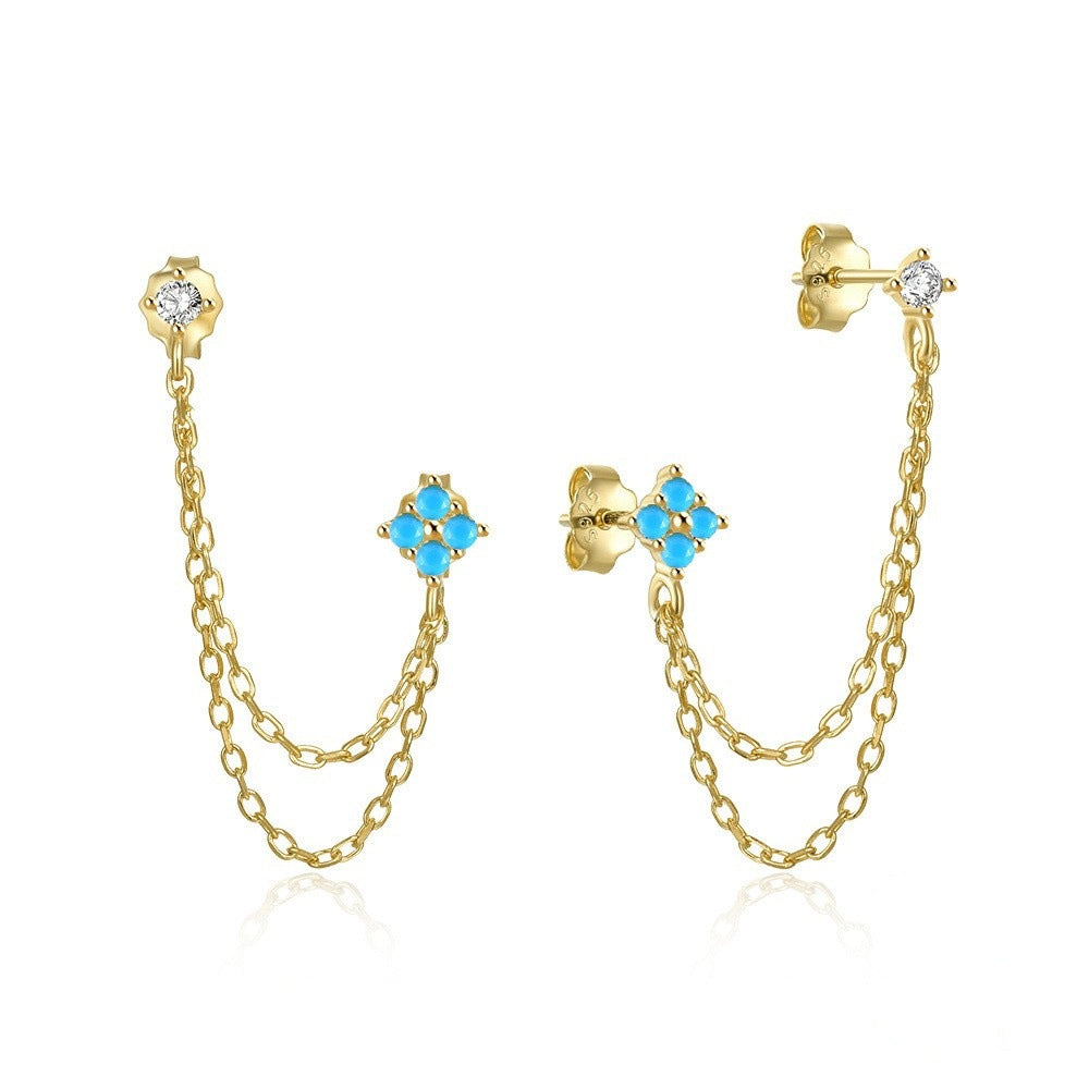 S925 Silver Two-hole Double Chain Flower Diamond Stud Earrings, Multi-color Double Layer Chain Tassel Earrings