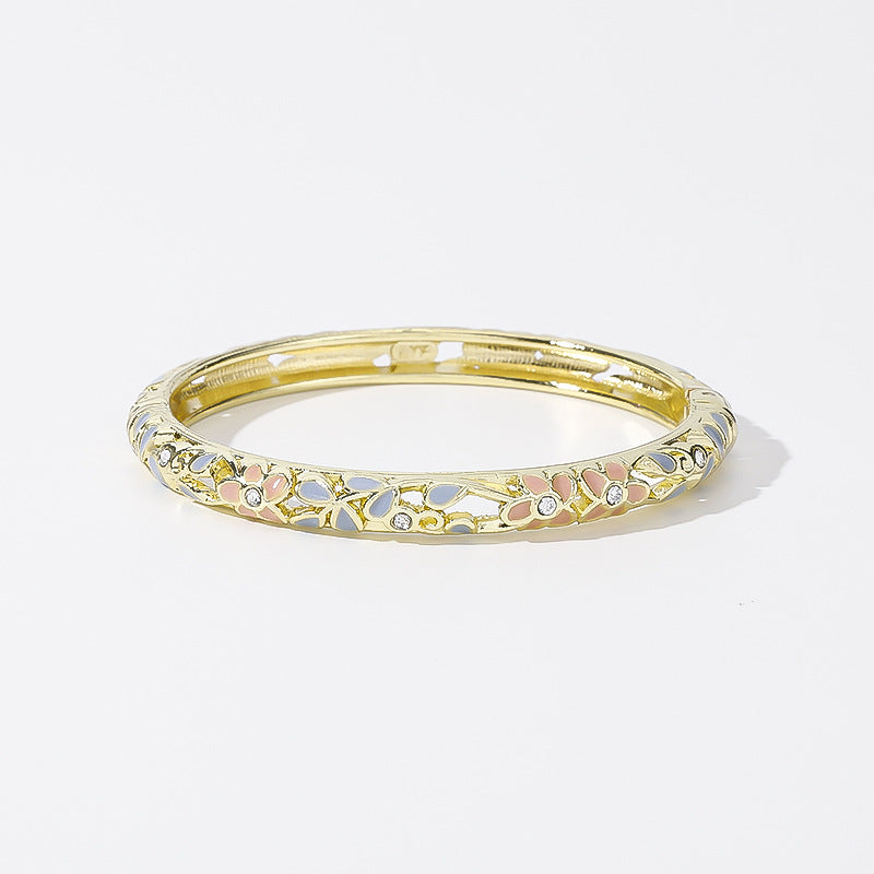 Hollow‑Out Enamel Floral Inlaid Diamond Spring‑Opening Bangle, Multi‑Color Options