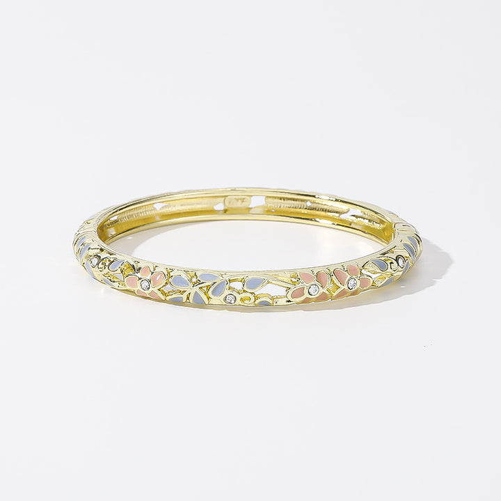 Hollow‑Out Enamel Floral Inlaid Diamond Spring‑Opening Bangle, Multi‑Color Options
