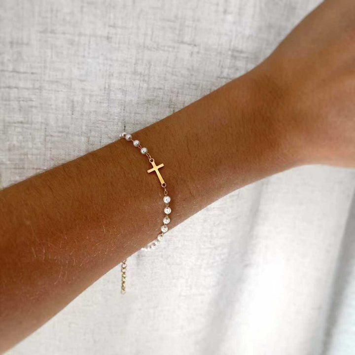 S925 Silver Pearl Cross Thin Bracelet, Minimalist Religious Beaded Bracelet for Women, Gold & Silver Two Tones