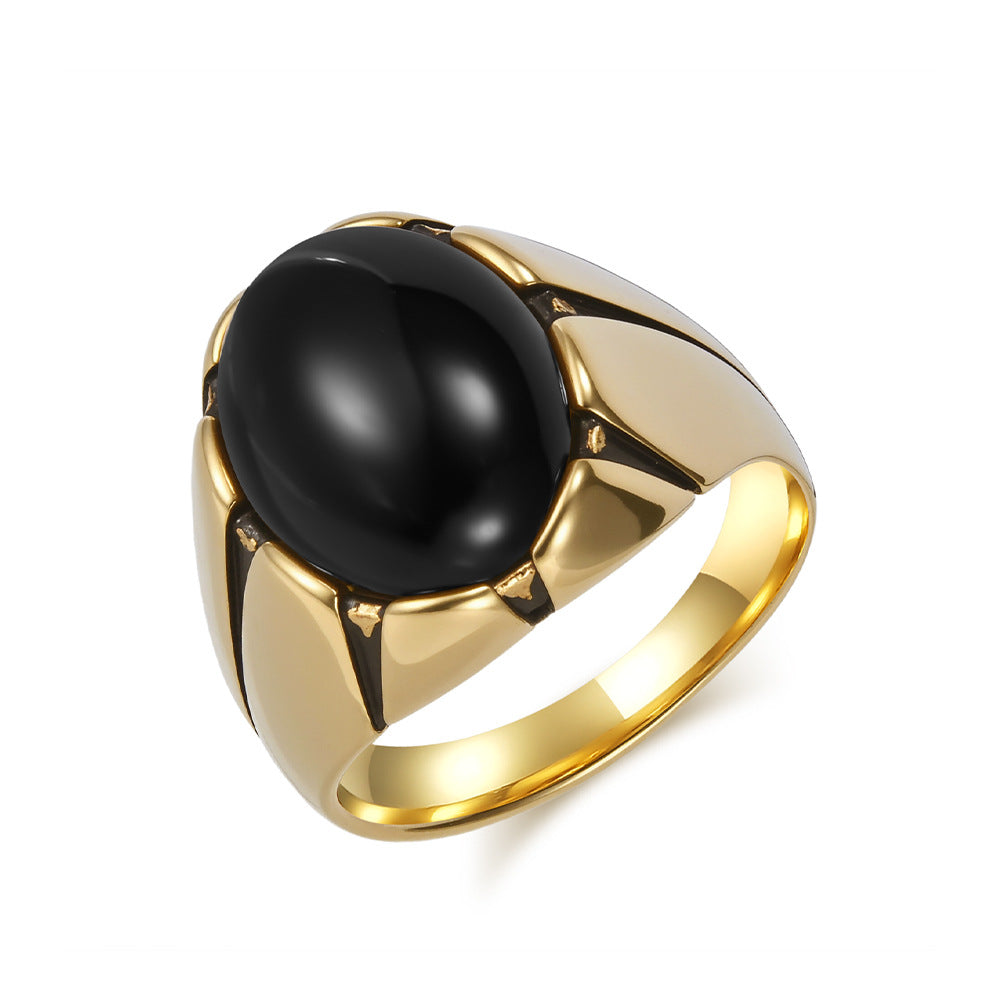 S925 Silver Oval Cabochon Gemstone Men Ring, Geometric Setting Tiger's‑Eye & Black Onyx Wide Band for Men