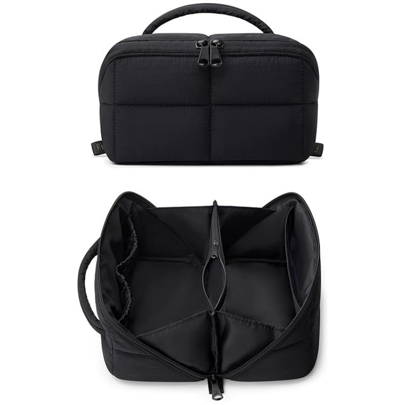 Solid Color Quilted Divided Handheld Makeup Bag, Large Capacity Multi-Compartment Portable Toiletry Storage Case
