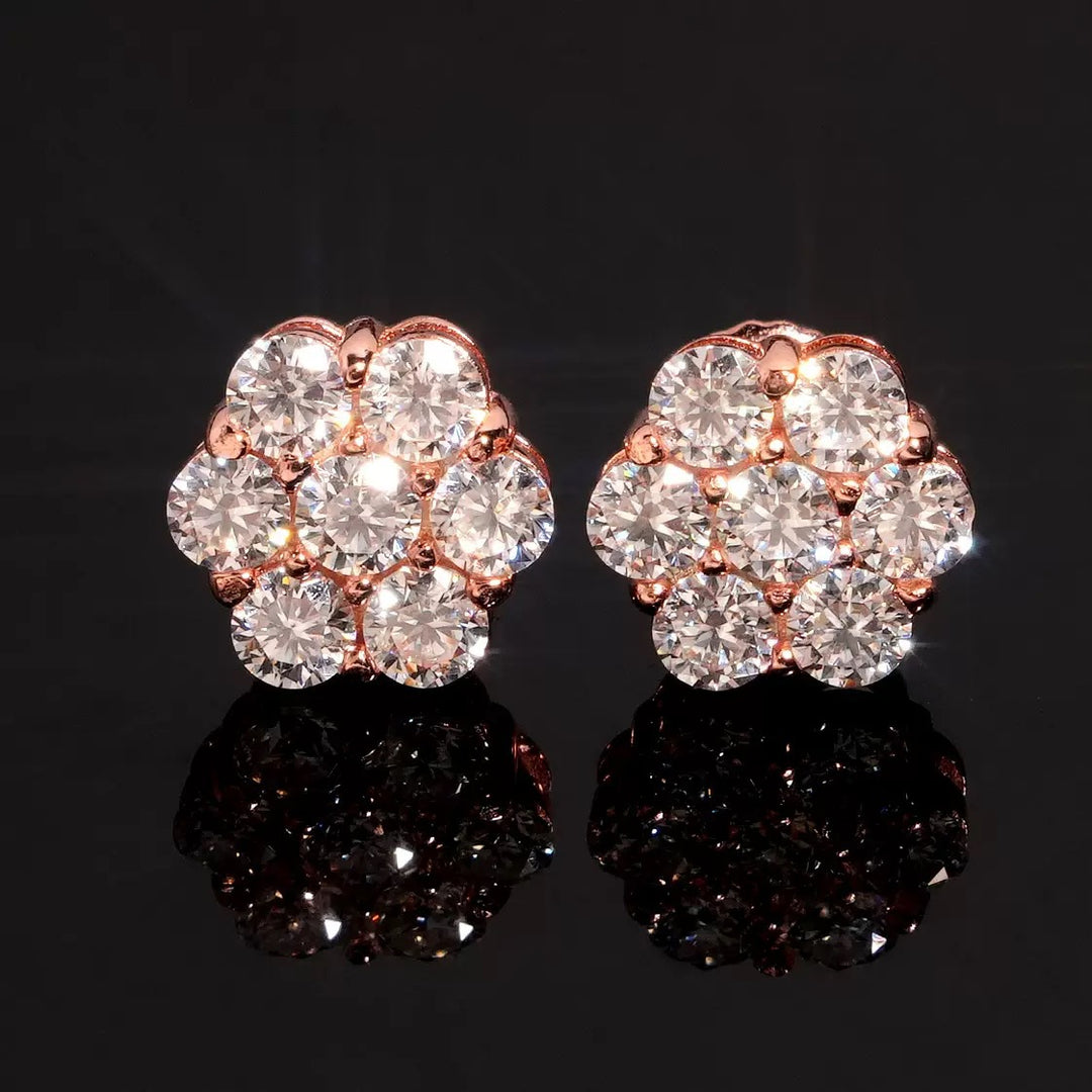 Round Flower Cluster Paved Diamond Stud Earrings, 7 Stones Floral Full Diamond Earrings, Gold Silver Rose Gold Three Tones Available