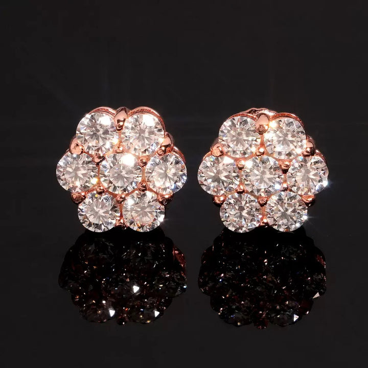 Round Flower Cluster Paved Diamond Stud Earrings, 7 Stones Floral Full Diamond Earrings, Gold Silver Rose Gold Three Tones Available