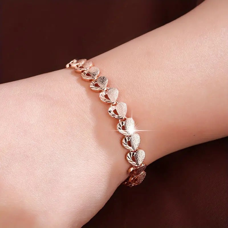 Textured Heart Link Bracelet, 3 Colors Hollow Love Chain for Women