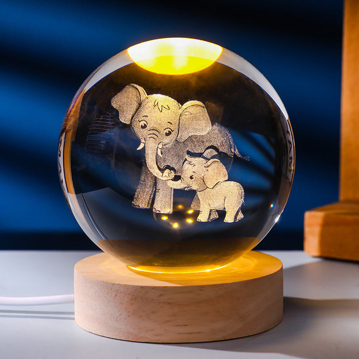 3D Laser Engraved Glowing Crystal Ball Ornament, Multi-Pattern Solid Wood Warm LED Base Night Light Gift