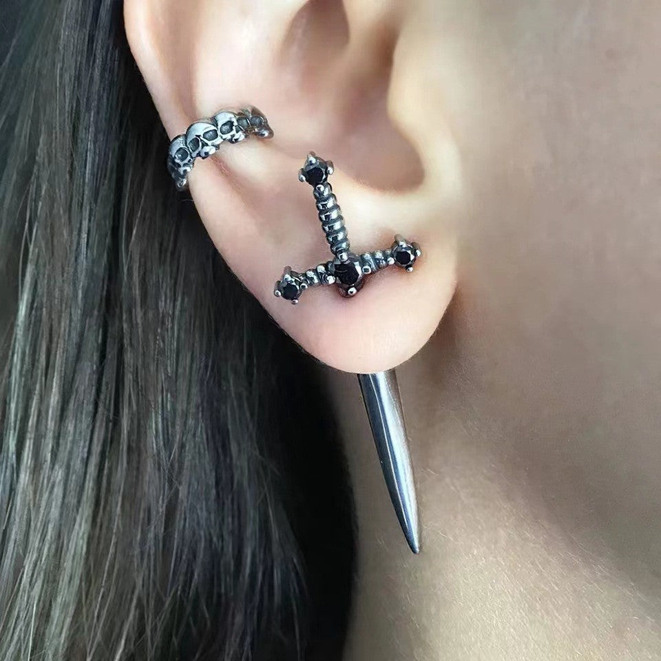 Cross‑Sword Black Diamond Stud Earrings