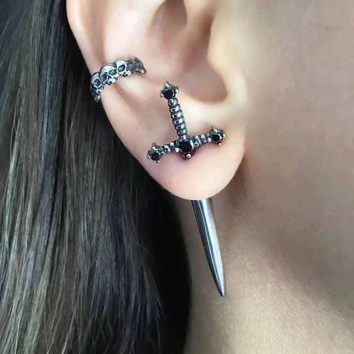 Cross‑Sword Black Diamond Stud Earrings