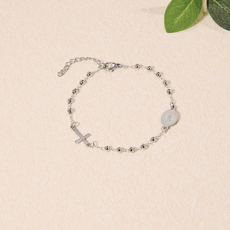Beaded Chain Cross & Saint Medal Bracelet, Gold & Silver Minimal Religious Jewelry