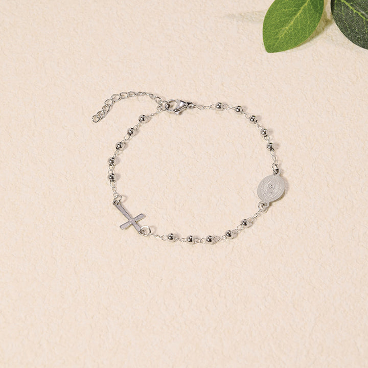 Beaded Chain Cross & Saint Medal Bracelet, Gold & Silver Minimal Religious Jewelry