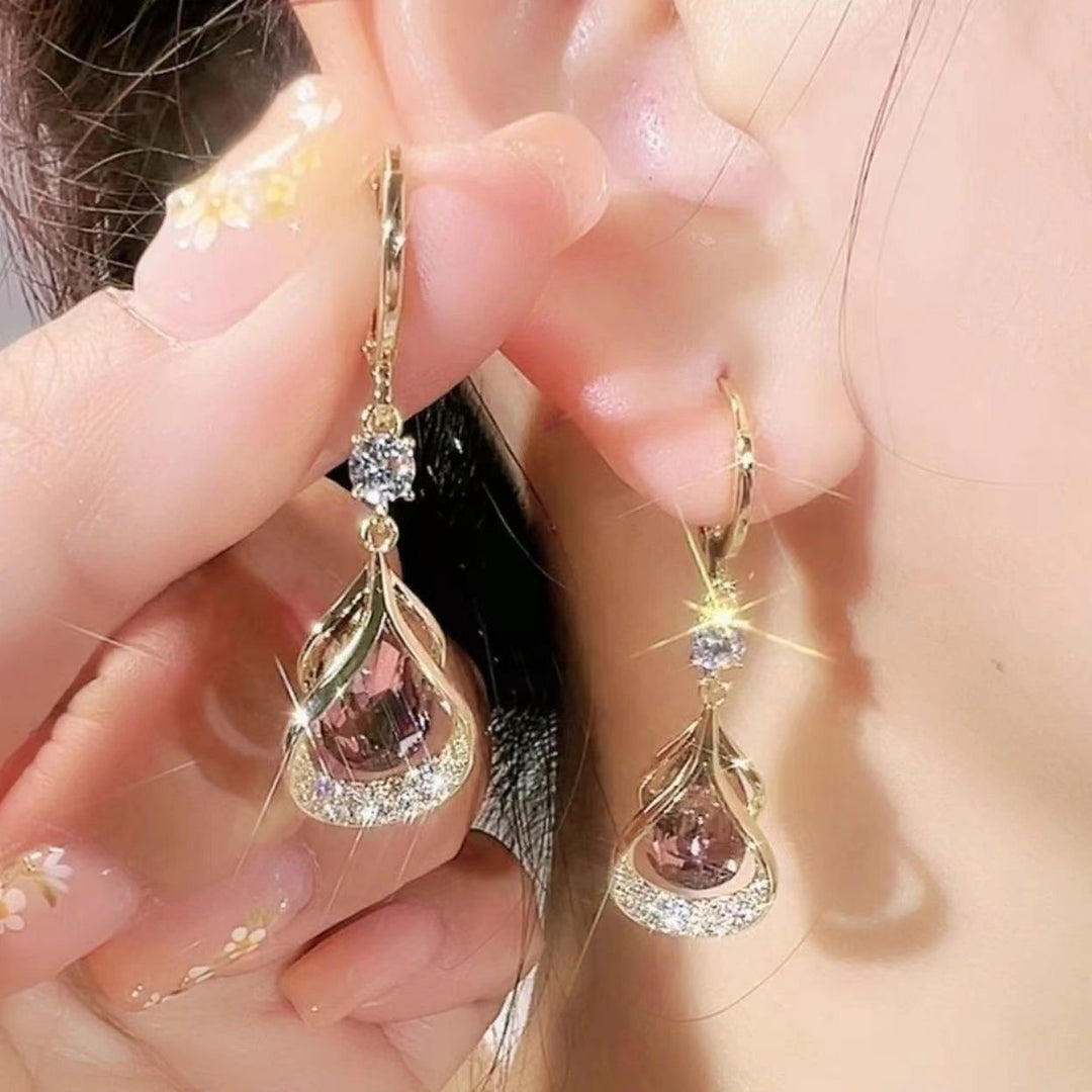 Hollow Waterdrop Gem Hoop Earrings, Luxury Teardrop Gem Dangle Earrings, 3 Colors For Women