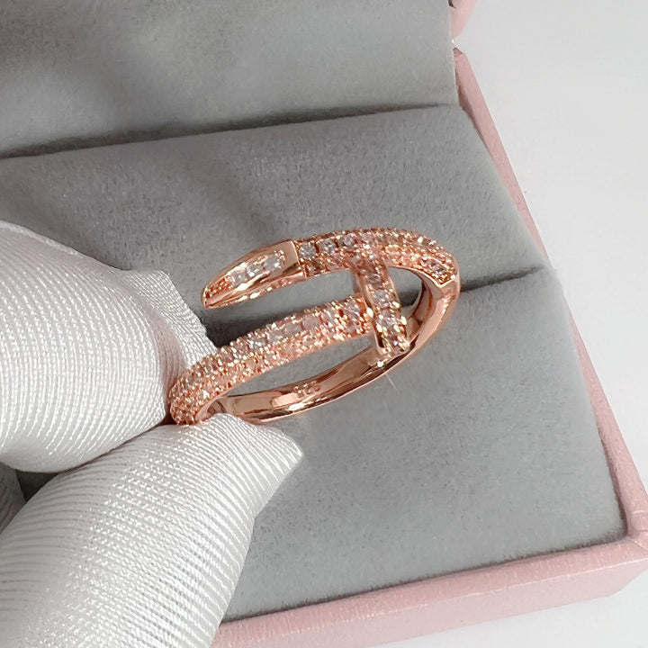 Full Pave Open Nail Shape Ring, Multi-Tone Plated Luxury Spiral Crystal Band
