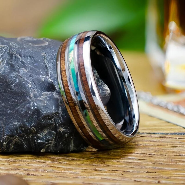 Tungsten Ring with Wood, Antler & Abalone Shell Inlay, Multiple Styles for Men