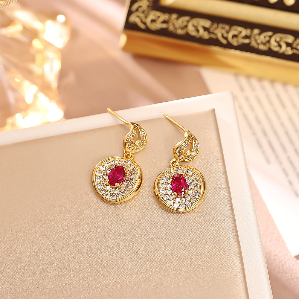 S925 Silver Vintage Round Gem Jewelry Set, Oval Center Stone Pendent Necklace & Drop Earring Set